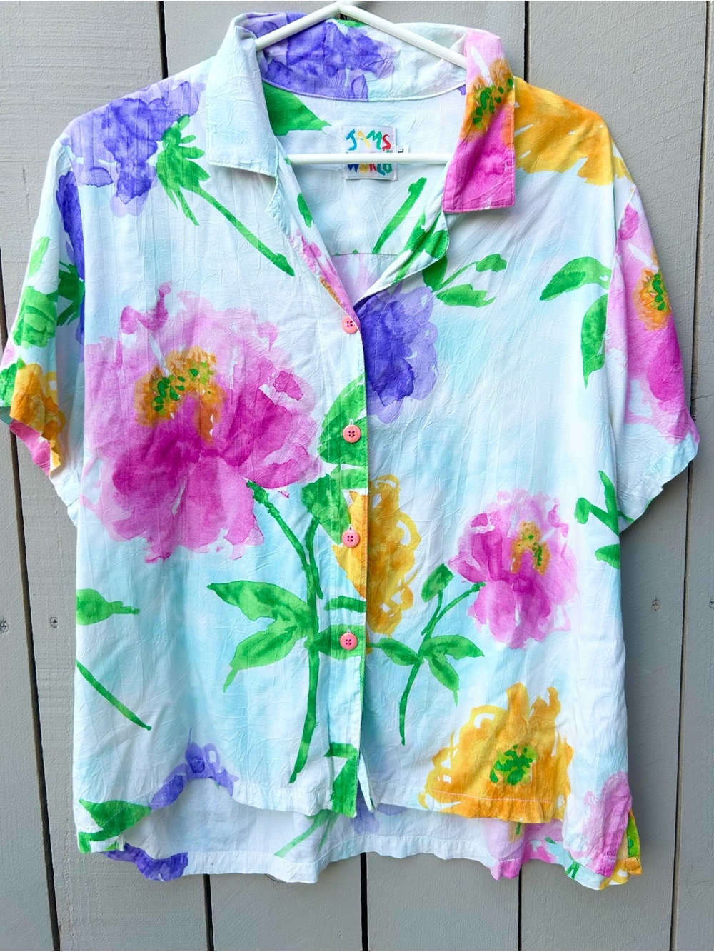 Jams World XL Sky Flower Rayon Hawaiian Shirt Watercolor Floral Coastal EUC